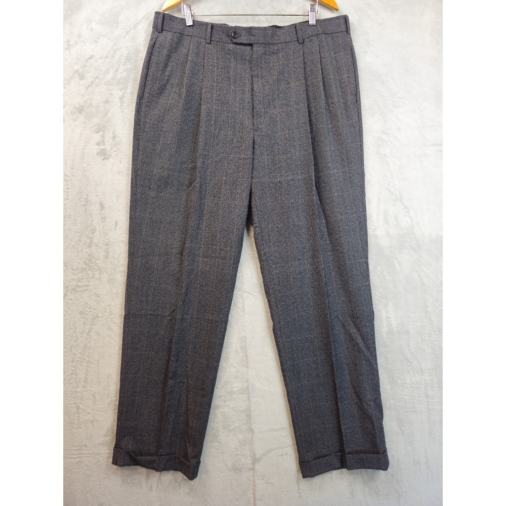 Jos A Bank Men 40x33 Glen Plaid Dark Gray Wool Dress Pants Pleated Cuffed